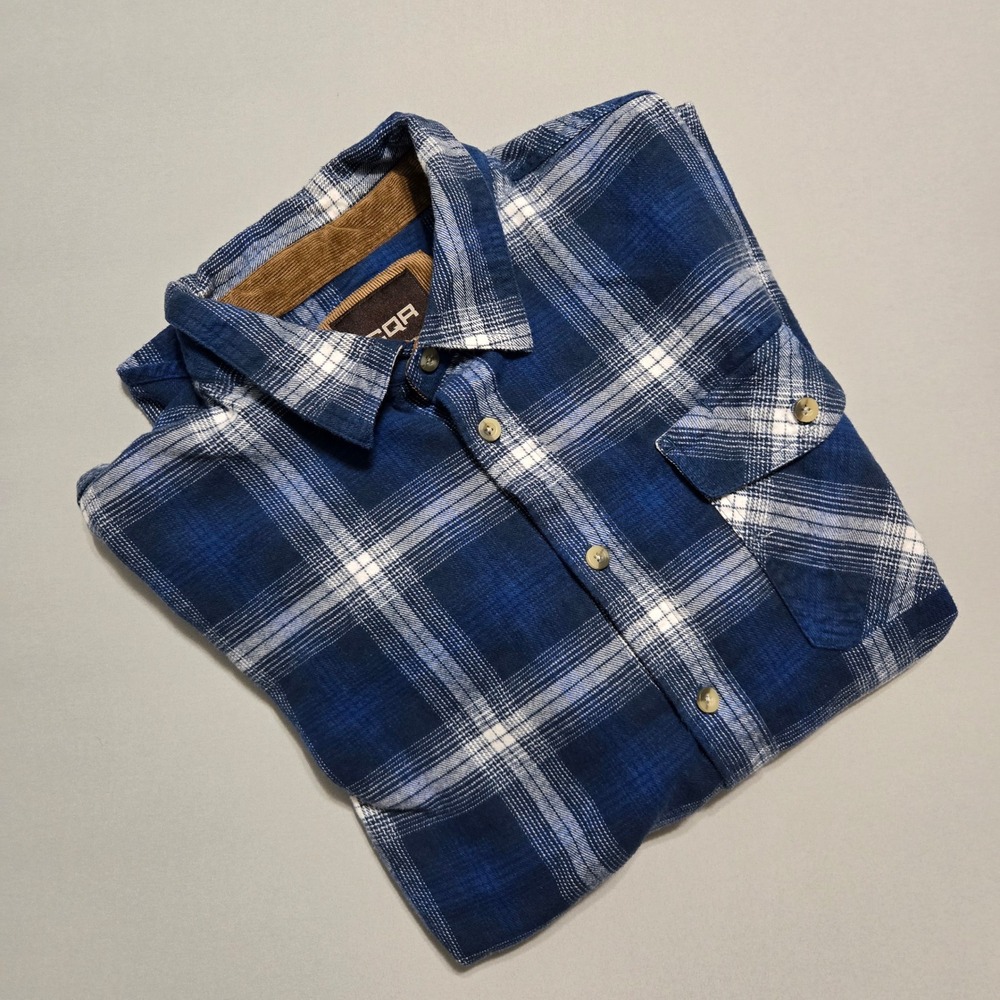 CQR Flannel Shirt Mens XL Blue Plaid Long Sleeve Corduroy Trim Pocket Button Up